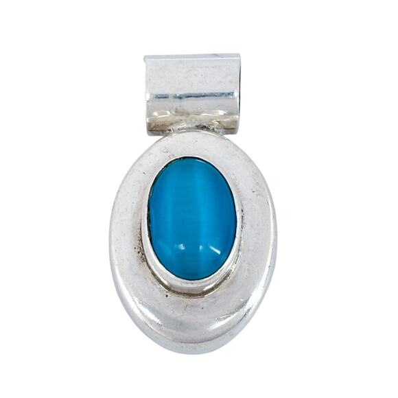 Vintage Mexico Taxco TO-25 Sterling Sterling Silver 925 Blue Cat's Eye Pendant - Picture 3 of 8